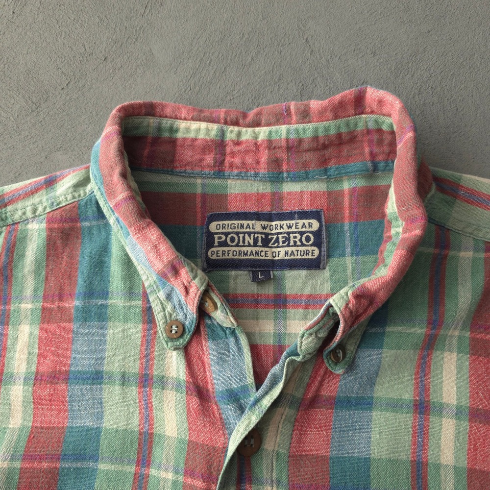 Vintage 90s Point Zero Green Plaid Button Up Shirt Large Long Sleeve - Picture 3 of 12
